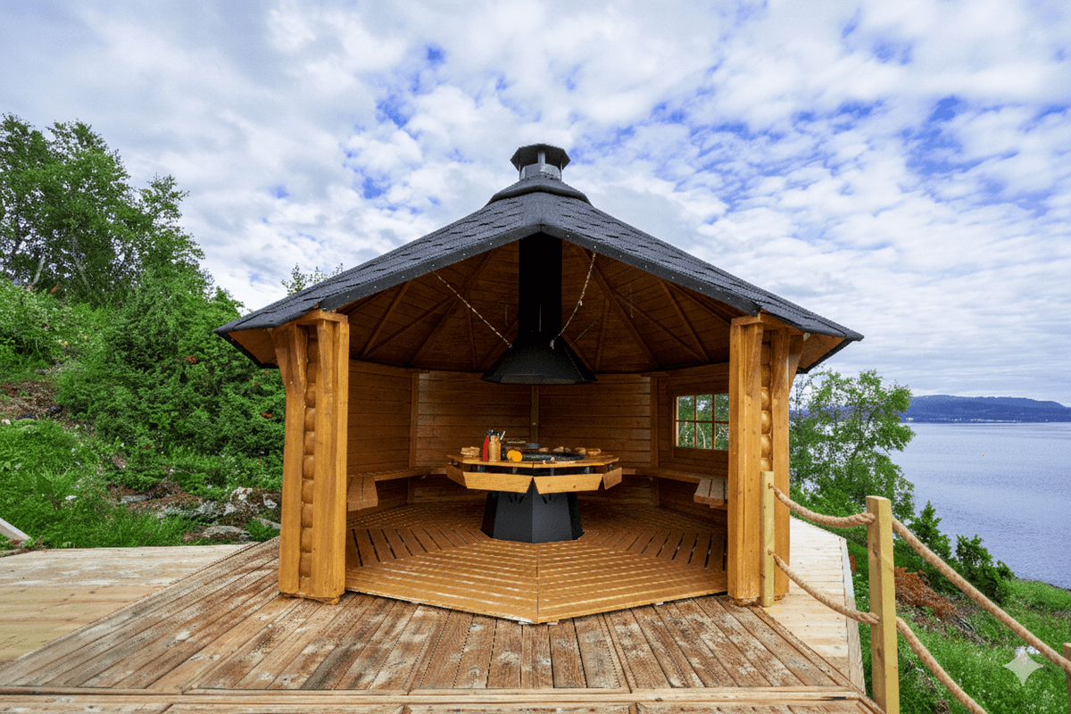 Vindskydd 12 m2 Royal med grill och bänkar - Halvrund timmer